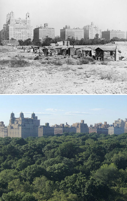 Avant/apres insolites Central-Park-In-NYC-Towards-The-Beresford-Building-1932-2022