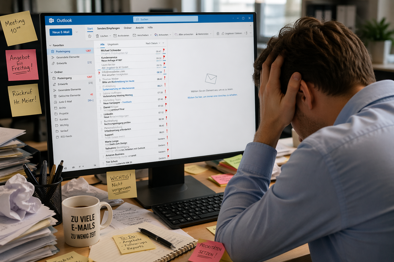 Overvolle Outlook-inbox met ongelezen berichten en een gebrek aan structuur