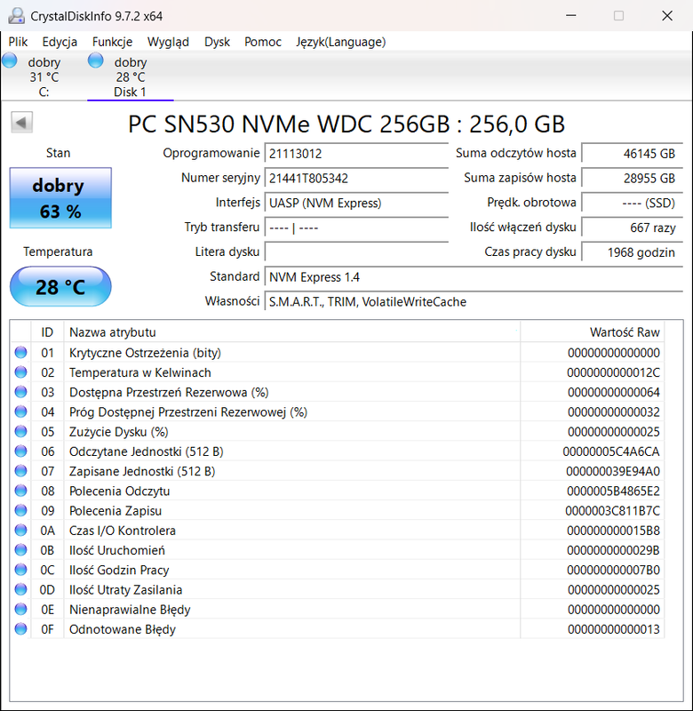 PC SN530 NVMe WDC 256GB 1968h