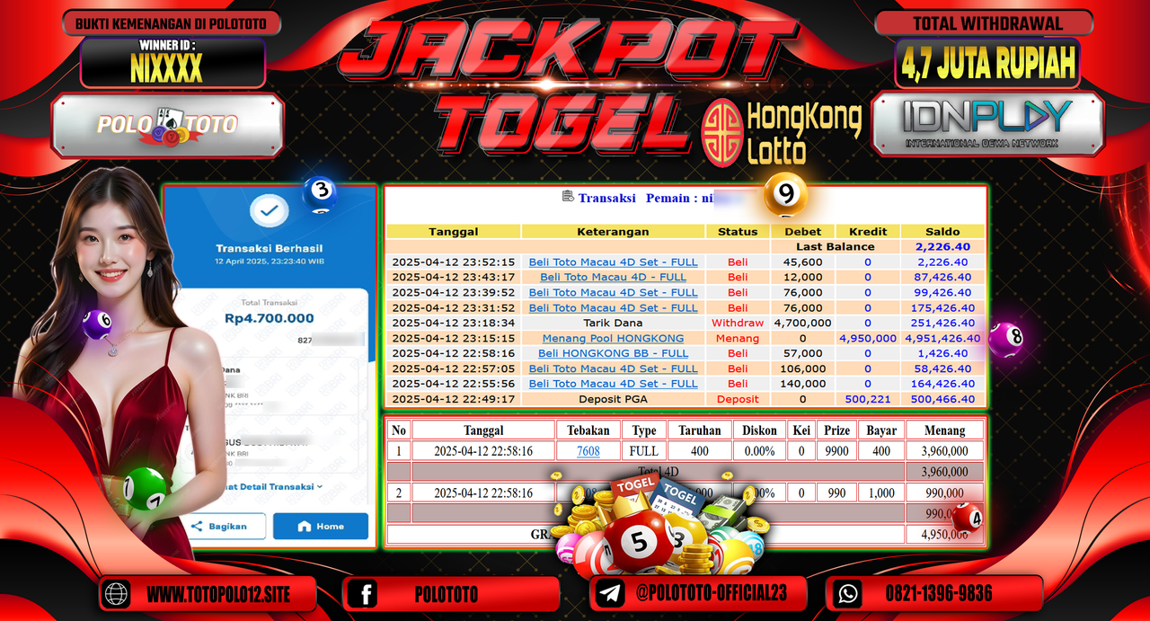 POLOTOTO JACKPOT TOGEL PASARAN HONGKONG LOTTO Rp.4.700.000,- LUNAS