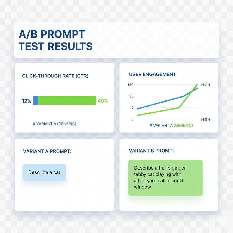 Infographic mockup of A/B testing AI prompts for SEO metrics