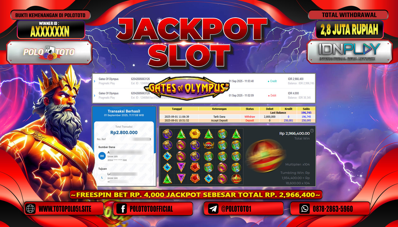 POLOTOTO JACKPOT SLOT GATES OF OLYMPUS Rp.2.800.000,-LUNAS