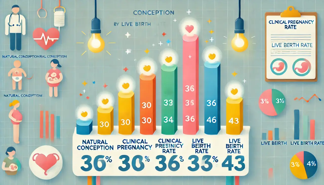 Bar chart showing clinical pregnancy rates and live birth rates for IVF by patient age groups, comparing natural conception, clinical pregnancy rate, and live birth rate for age ranges under 30, 30-33, 34-36, 37-39, and 40-43 years.
