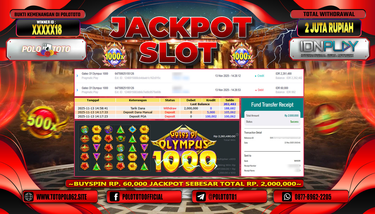 POLOTOTO JACKPOT SLOT GATES OF OLYMPUS 1000 Rp.2.000.000,- LUNAS