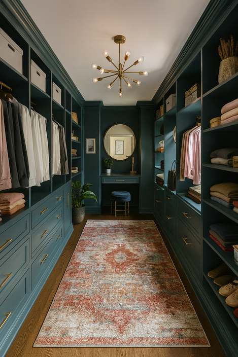 Boutique walk-in closet with chandelier, Newport Beach