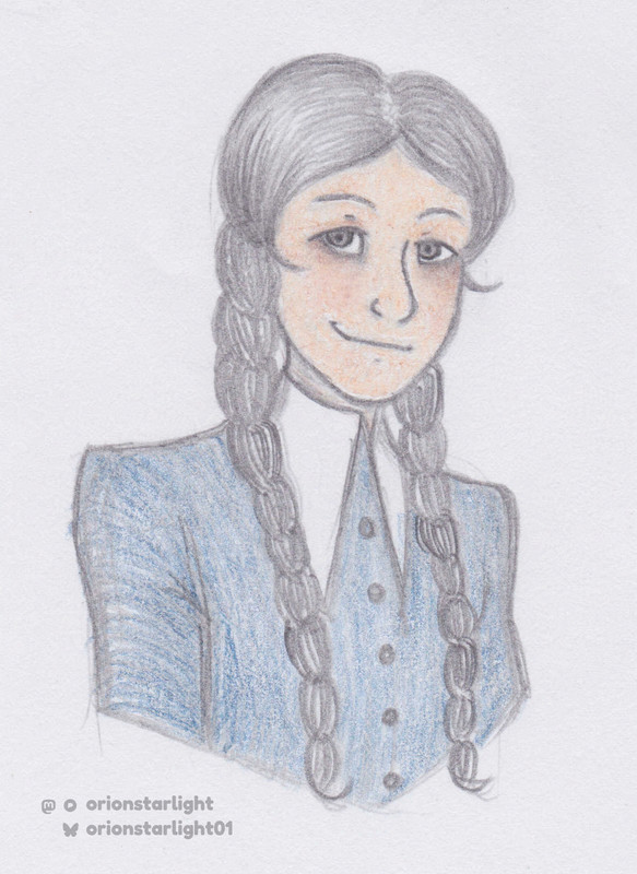 My drawing of Wednesday Addams from the 90s cartoon. She’s wearing a blue dress while smiling mischievously at the viewer.