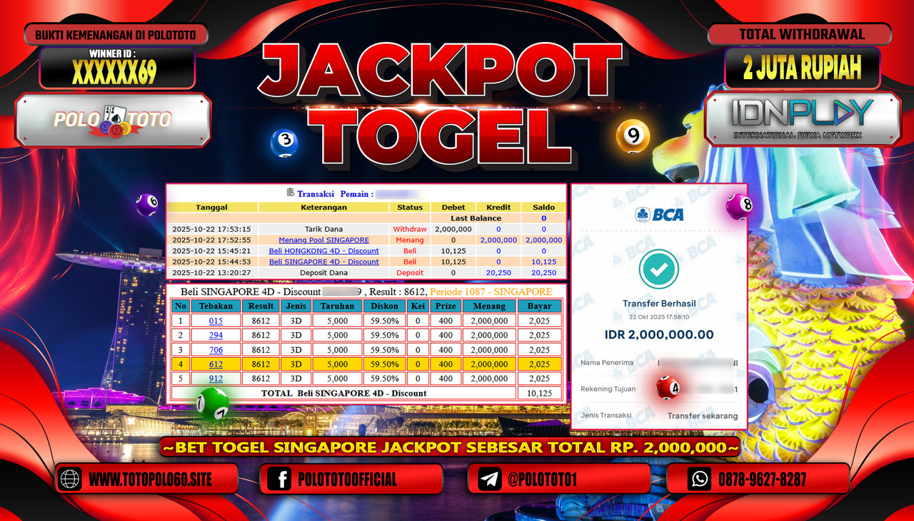 POLOTOTO JACKPOT TOGEL POOL SINGAPORE Rp.2.000.000,- LUNAS