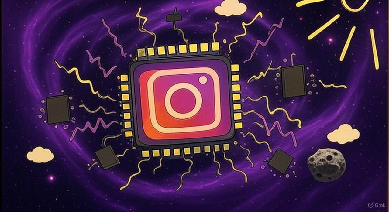 Instagram logo as computer chip in cosmic background for AI-powered marketing