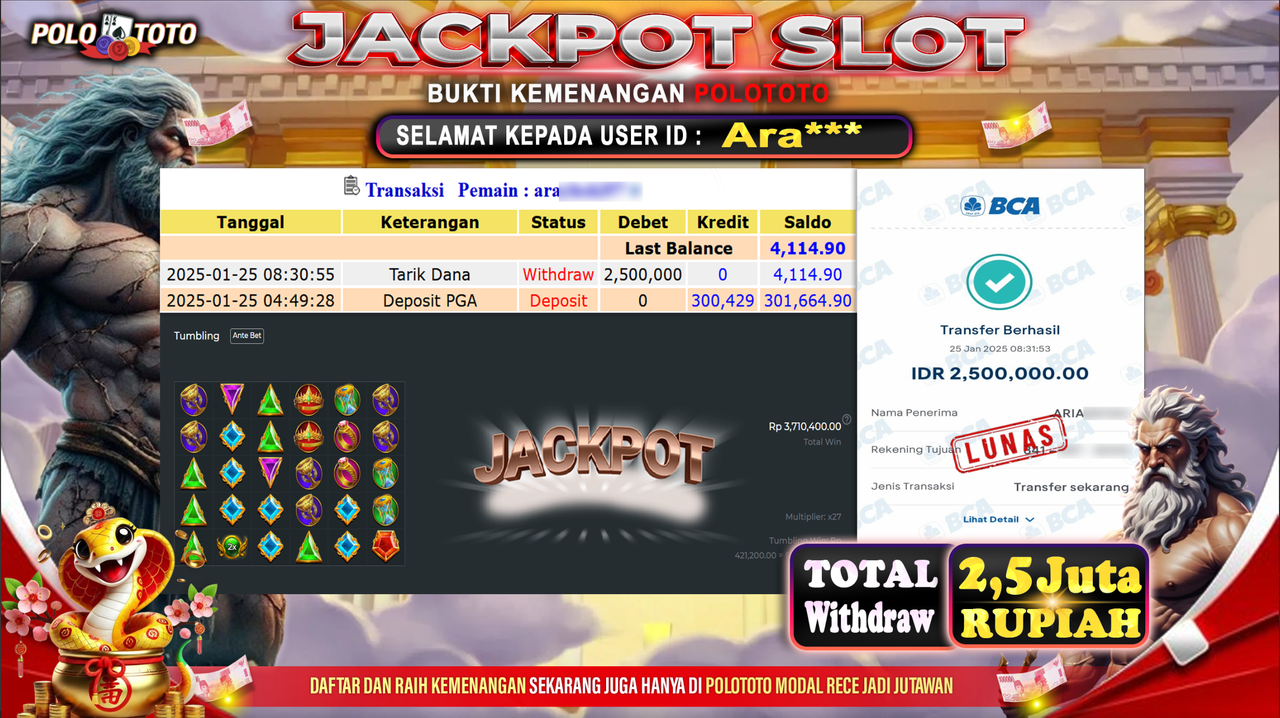POLOTOTO JACKPOT SLOT GATES OF OLYMPUS 1000 Rp.2,500.000,- 