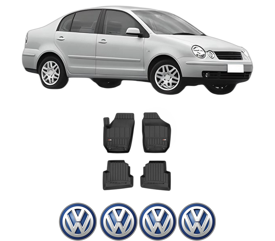 Set covorase presuri Volkswagen POLO IV Saloon (9A4, 9A2, 9N2, 9A6) din 2002-2012, auto, din cauciuc thermoplastic, 4 Stickere auto cu Volkswagen