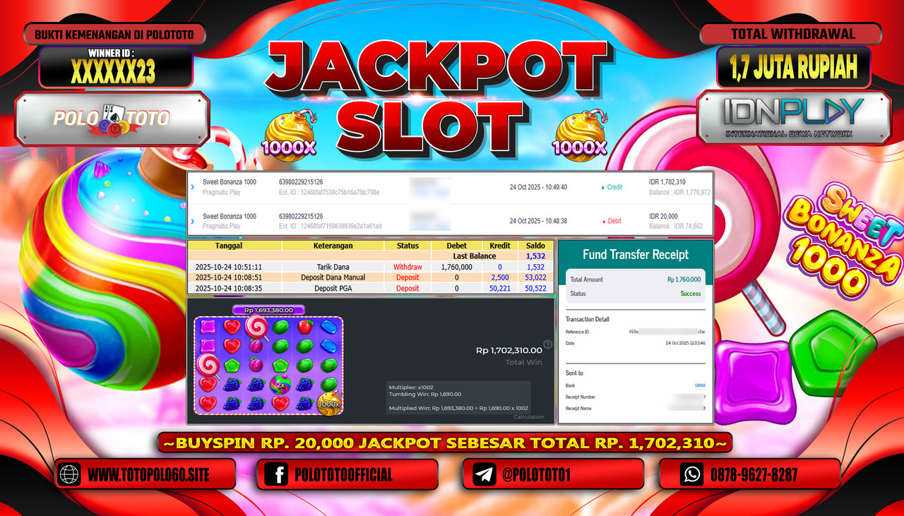 POLOTOTO JACKPOT SLOT SWEET BONANZA 1000 Rp.1.700.000,- LUNAS