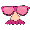 A comical disgusie kit. The glasses and mustache are both a saturated pink, while the nose is very large.