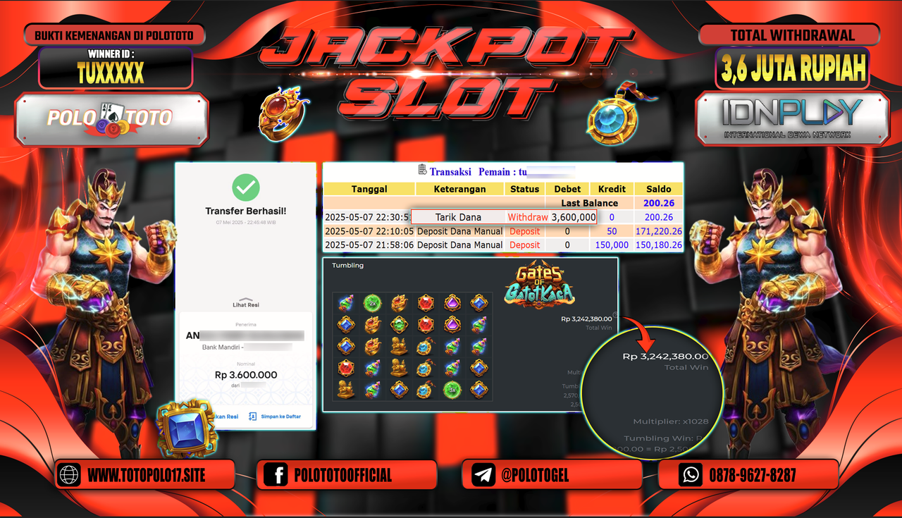 POLOTOTO JACKPOT SLOT GATES OF GATOTKACA Rp.3.600.000,-