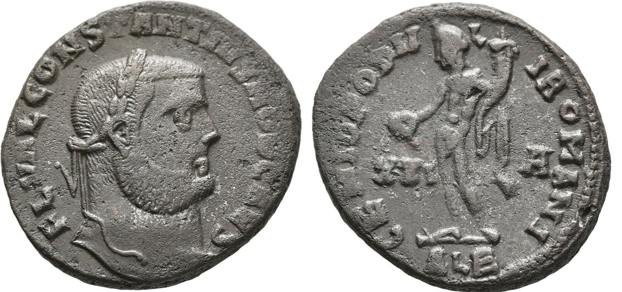 Nummus de Constancio I como cesar. GENIO POPVLI ROMANI. Genio a izq. Alexandria Num-alex-anv