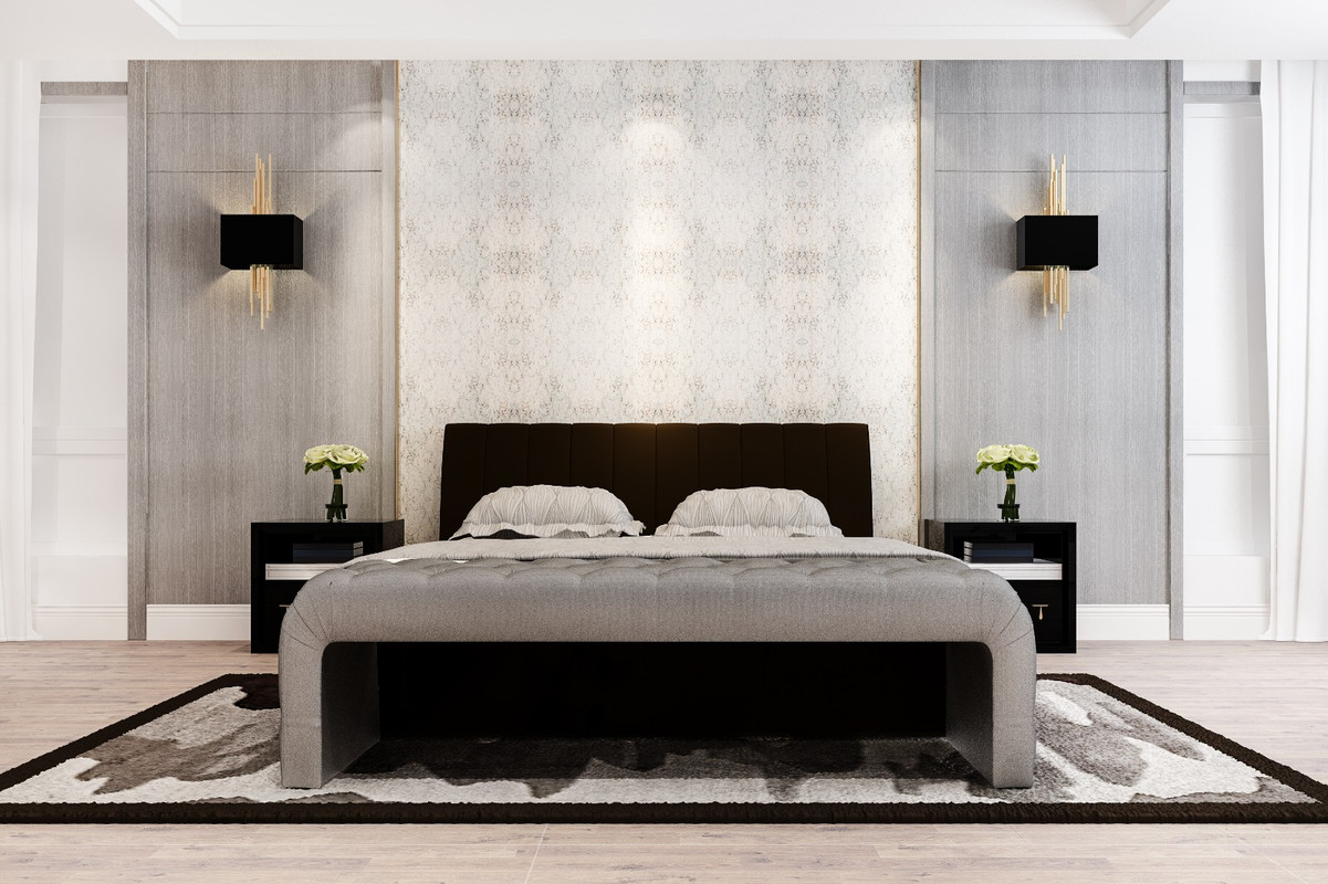 Contemporary Bedroom Wall Design With Geometric Wallpaper And Wall Panelling