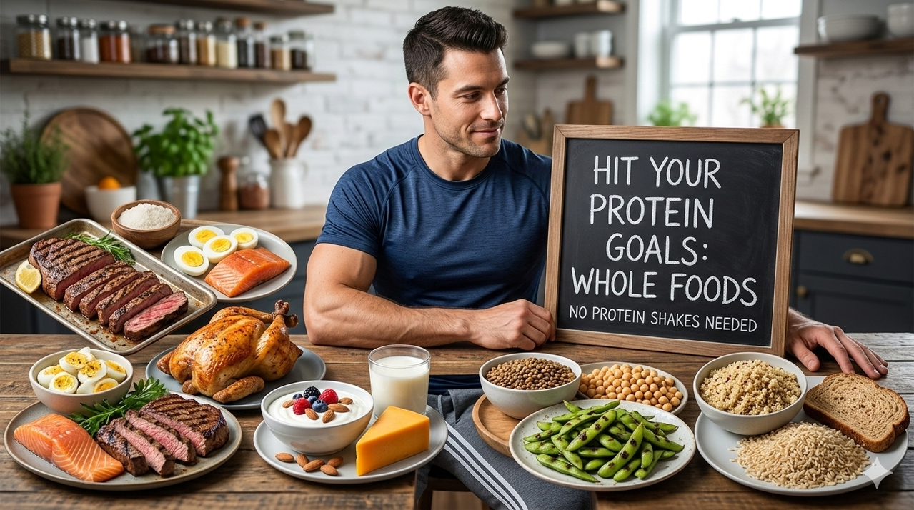 Collage of whole food protein sources including meat, dairy, legumes, and grains for how to hit your protein goals without protein shakes