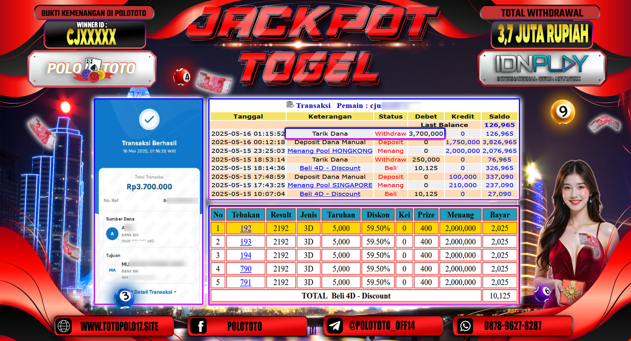 POLOTOTO JACKPOT TOGEL HONGKONG LOTTO Rp.3.700.000,-