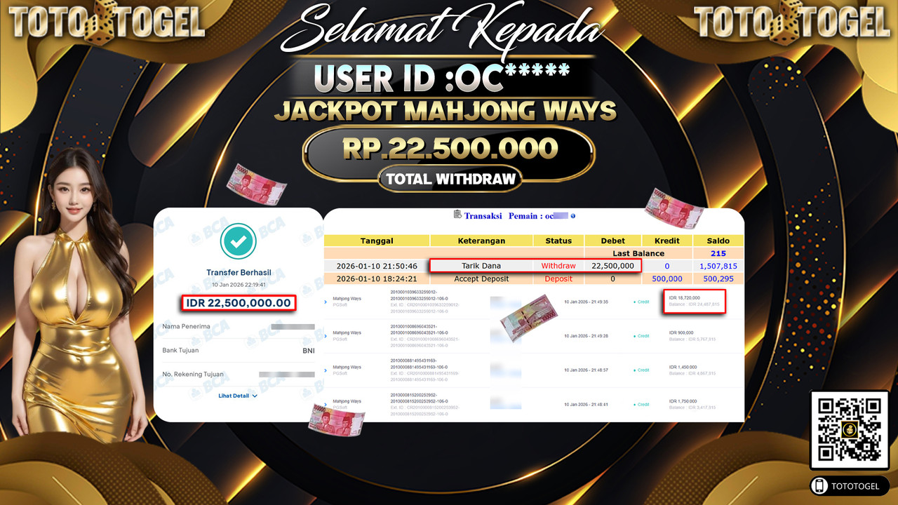 Bukti Pembayaran Jackpot Permainan Slot Mahjong Ways ID:OC*****LUNAS