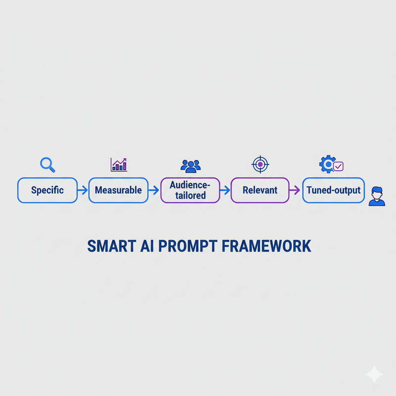 SMART framework flowchart for writing effective AI prompts: 5 steps from specific to tuned-output