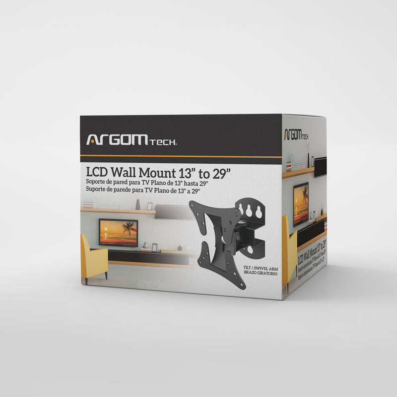 Empaque del soporte de pared Argom mostrando su capacidad de carga y compatibilidad VESA.