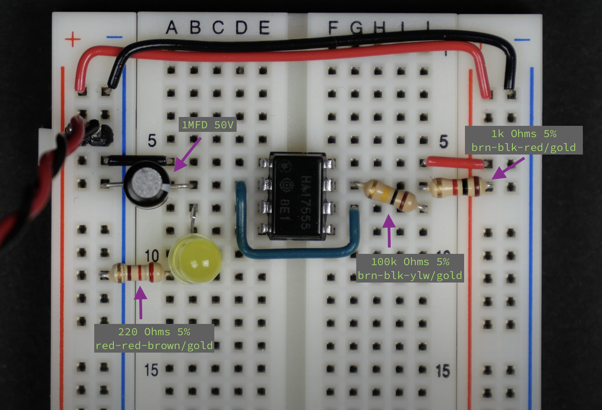 Astable 555 timer - 1st Iteration - Annotated Breadboard