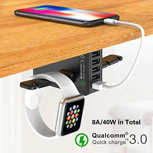 Soporte para Auriculares con Cargador USB, Debajo del Escritorio, 5 Puertos USB