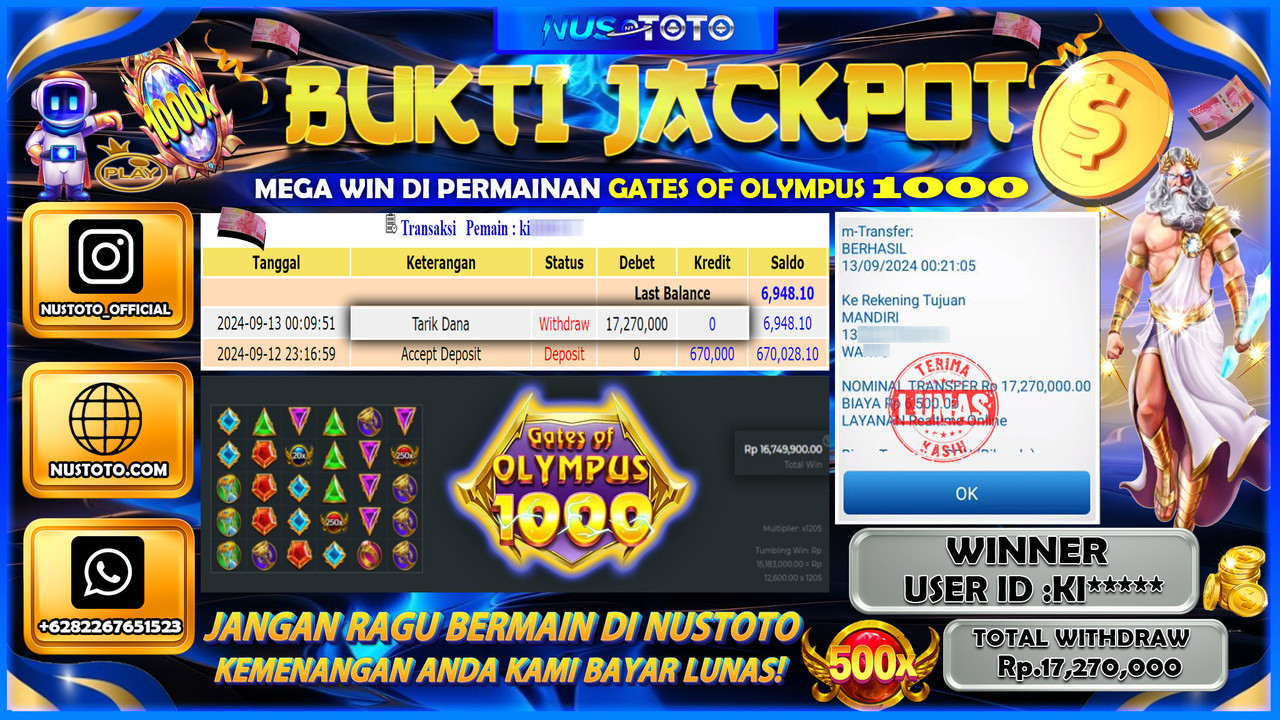 JACKPOT !! MENANG BESAR DI GATES OF OLYMPUS 1000 Rp. 17,270,000 LANGSUNG DI BAYAR LUNAS NUSTOTO !!