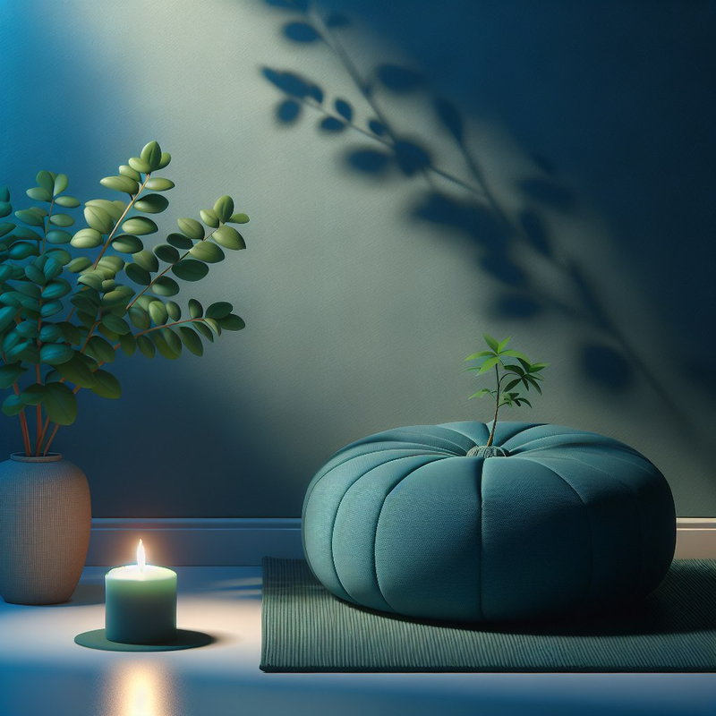 A corner of a room with a meditation cushion, a single lit candle, and a small plant on the floor.