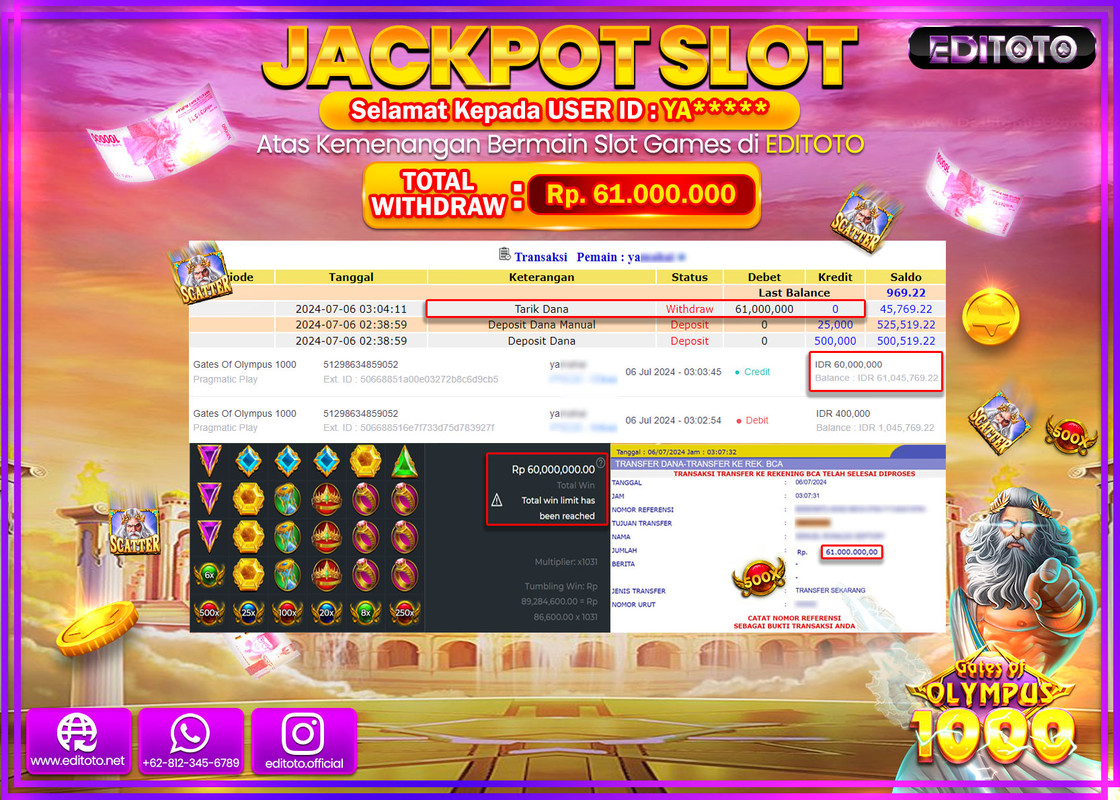 JACKPOT  SLOT EDITOTO GATES OF OLYMPUS 1000 Rp.61.000.000.,- LUNAS