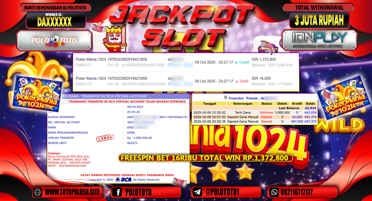 POLOTOTO JACKPOT SLOT POKER MANIA 1024 Rp.2.000.000,- LUNAS