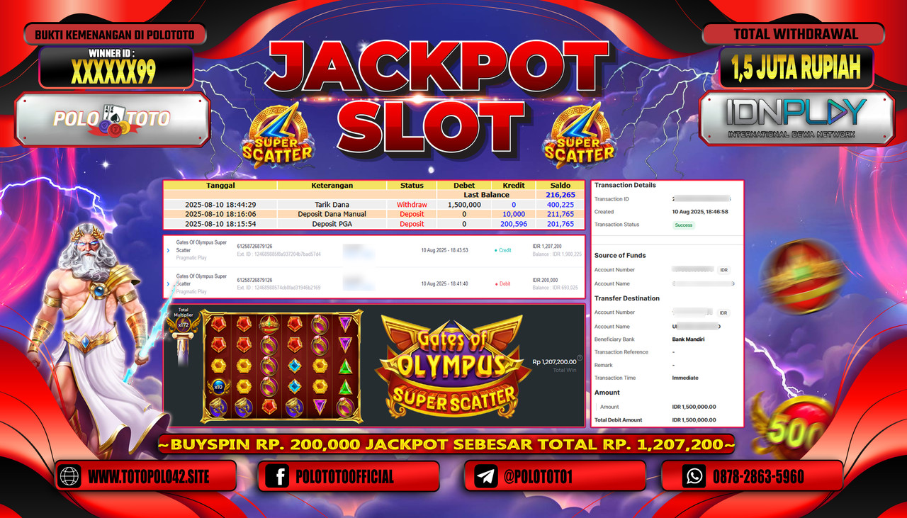 POLOTOTO JACKPOT SLOT GATES OF OLYMPUS SUPER SCATTER Rp.1.500.000,-LUNAS