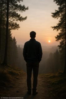 A solitary figure stands quietly at the edge of a peaceful forest at sunrise, symbolizing the calm, steady presence of characters with quiet strength in fiction.