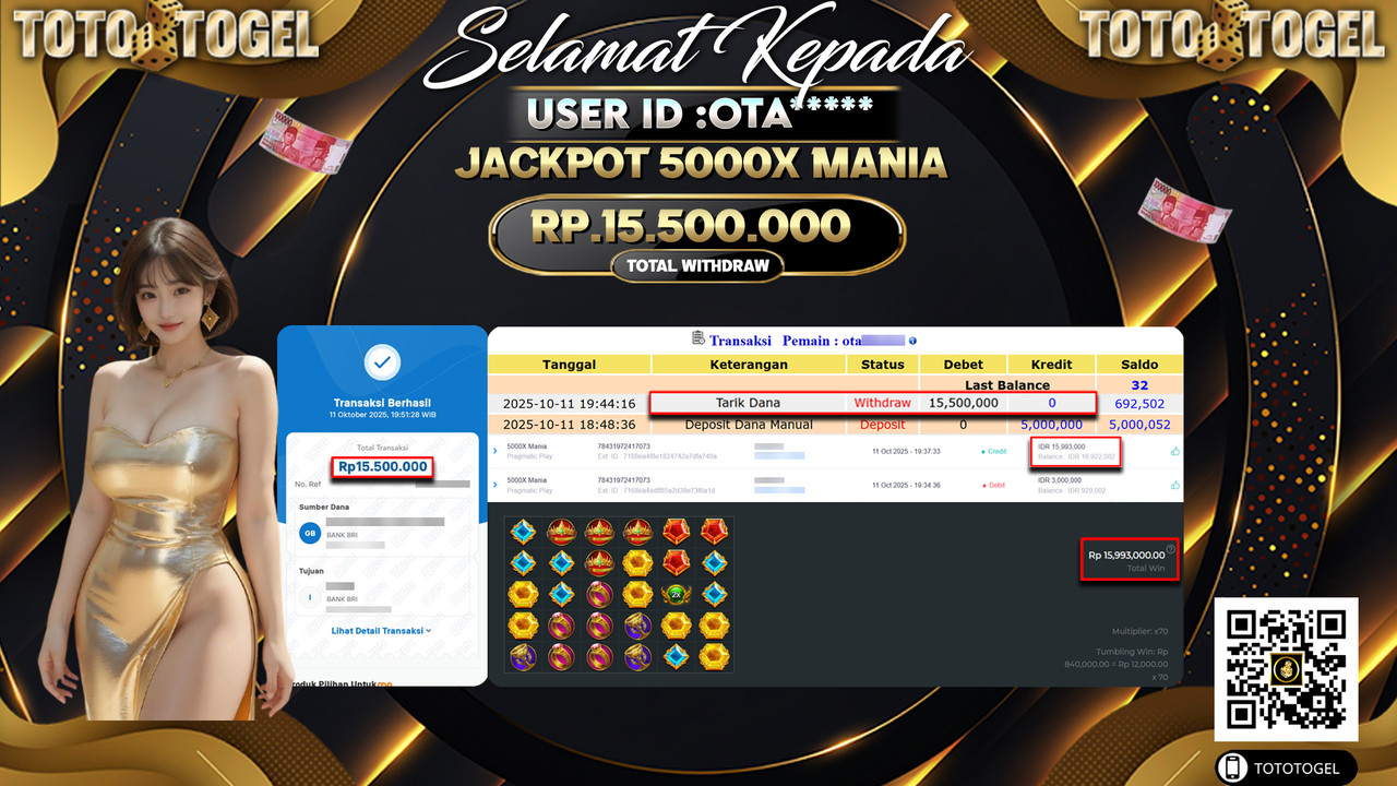 Bukti Pembayaran Jackpot Permainan Slot 5000X Mania ID:OTA**** LUNAS