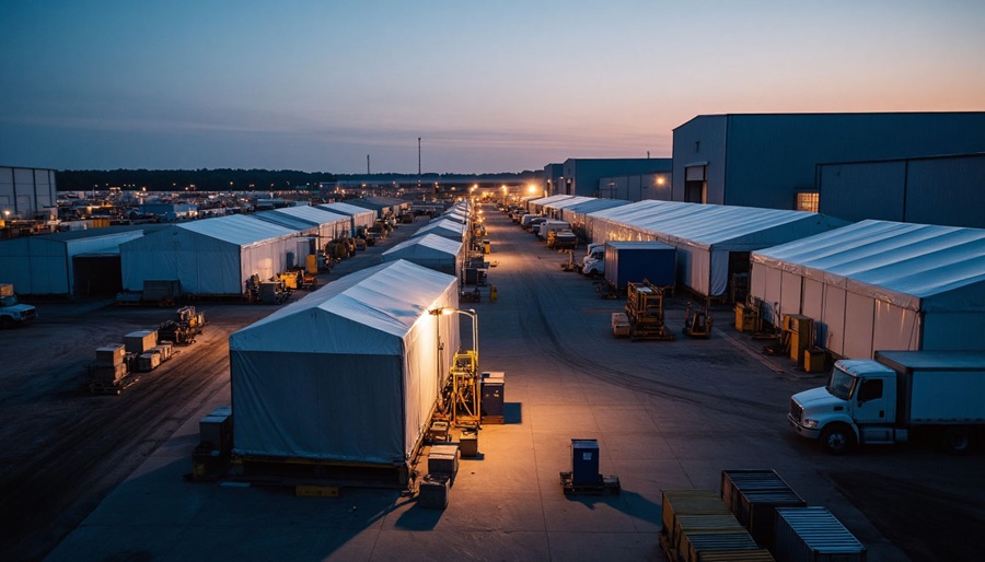 Промышелнная площадка с брезентовыми ангарами