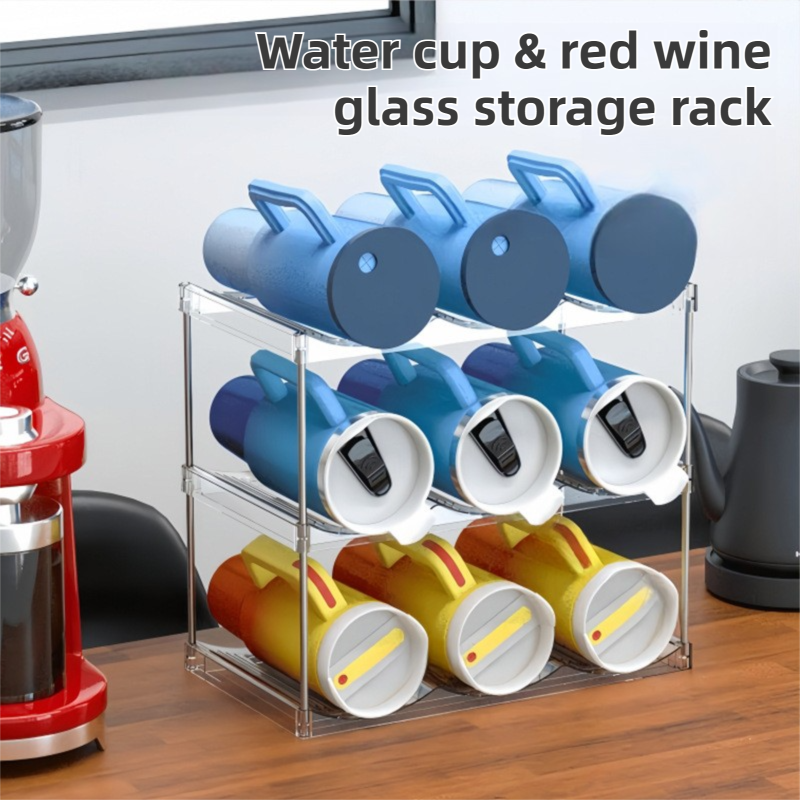 3-Tier Stackable Black Cup & Wine Organizer - Detachable Tumbler & Bottle Desktop Rack