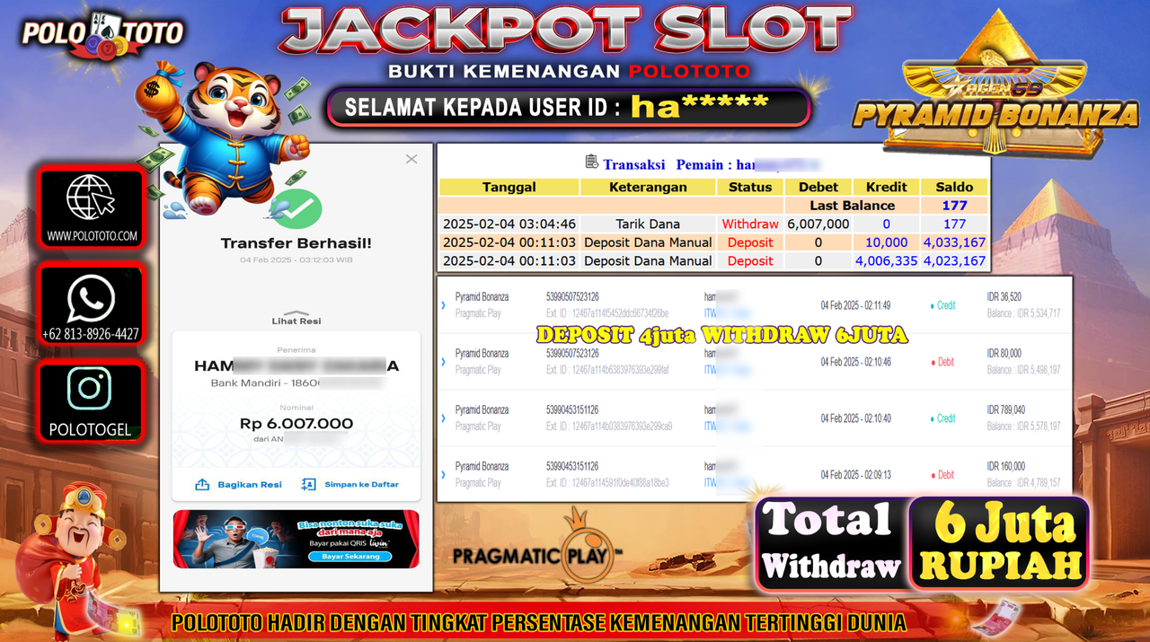 POLOTOTO JACKPOT SLOT PYRAMID BONANZA Rp.6,007.000,-