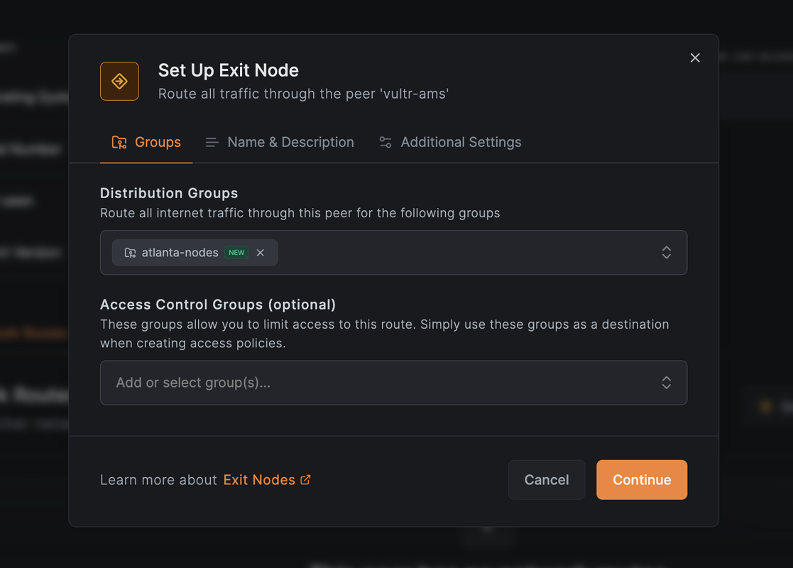 Exit node configuration modal with atlanta-nodes group selected