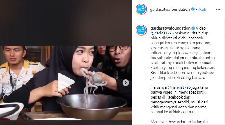 Kecaman Garda Satwa Foundation untuk Ria Ricis yang makan gurita hidup-hidup
