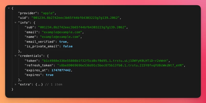 Successful Apple Sign in callback response in JSON