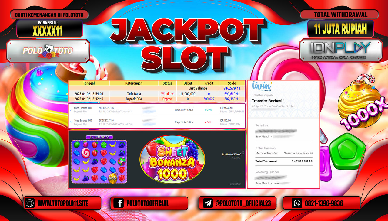 POLOTOTO JACKPOT SLOT SWEET BONANZA 1000 Rp.11.000.000,- LUNAS