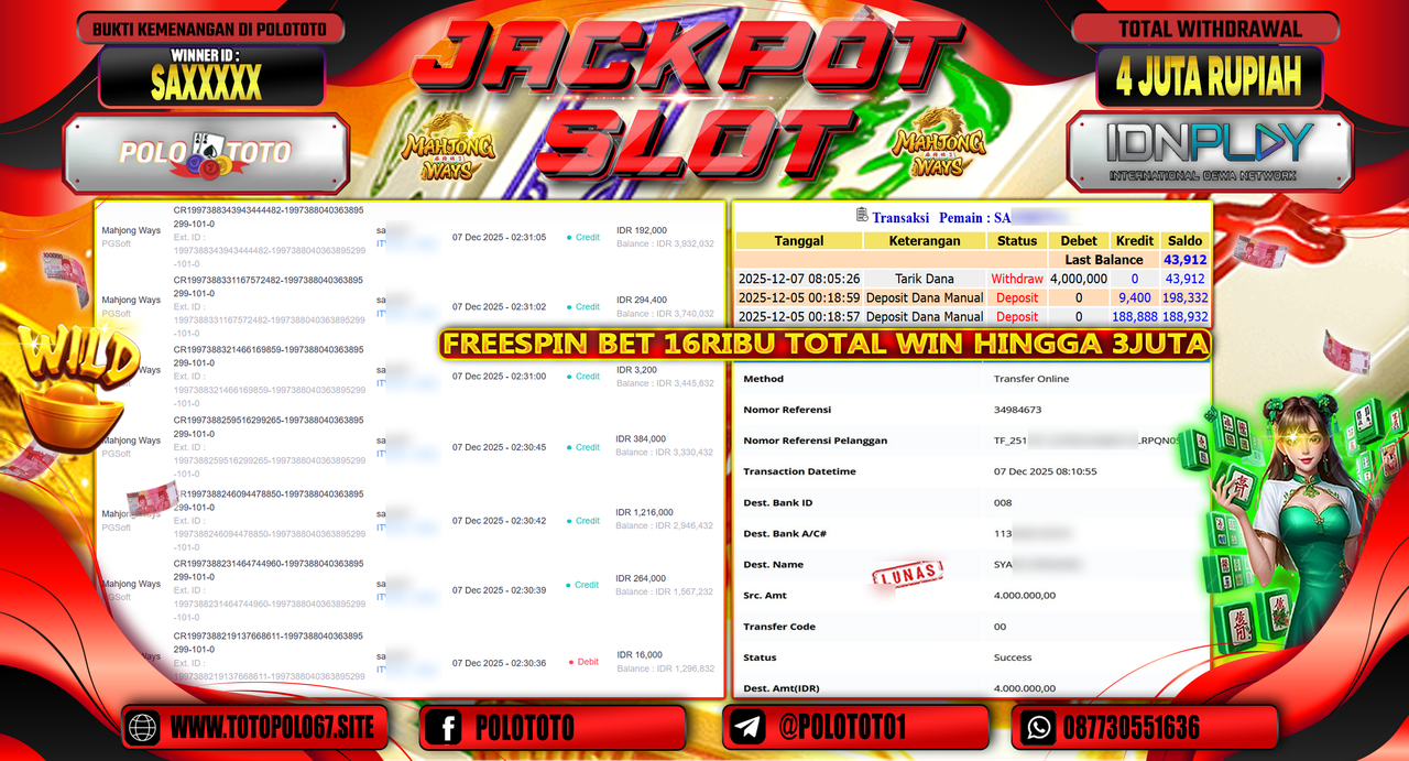 POLOTOTO JACKPOT SLOT MAHZONG WAYS Rp.4.000.000,- LUNAS