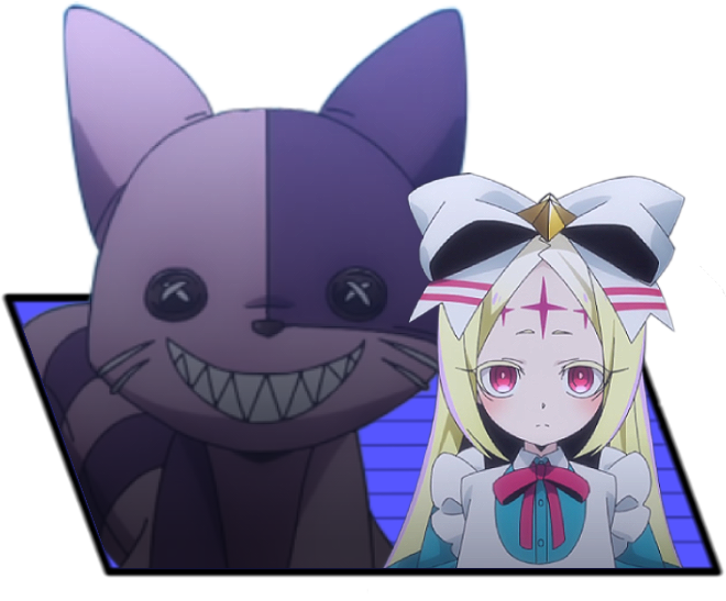 Neroalice stares intently at the viewer, her cheshire cat doll towering behind her.