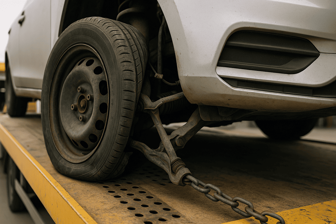 Поврежденное колесо и подвеска после удара на эвакуаторе