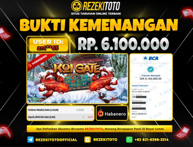 BUKTI KEMENANGAN 29 JULI 2025 GAME: KOI GATE 6 JUTA 