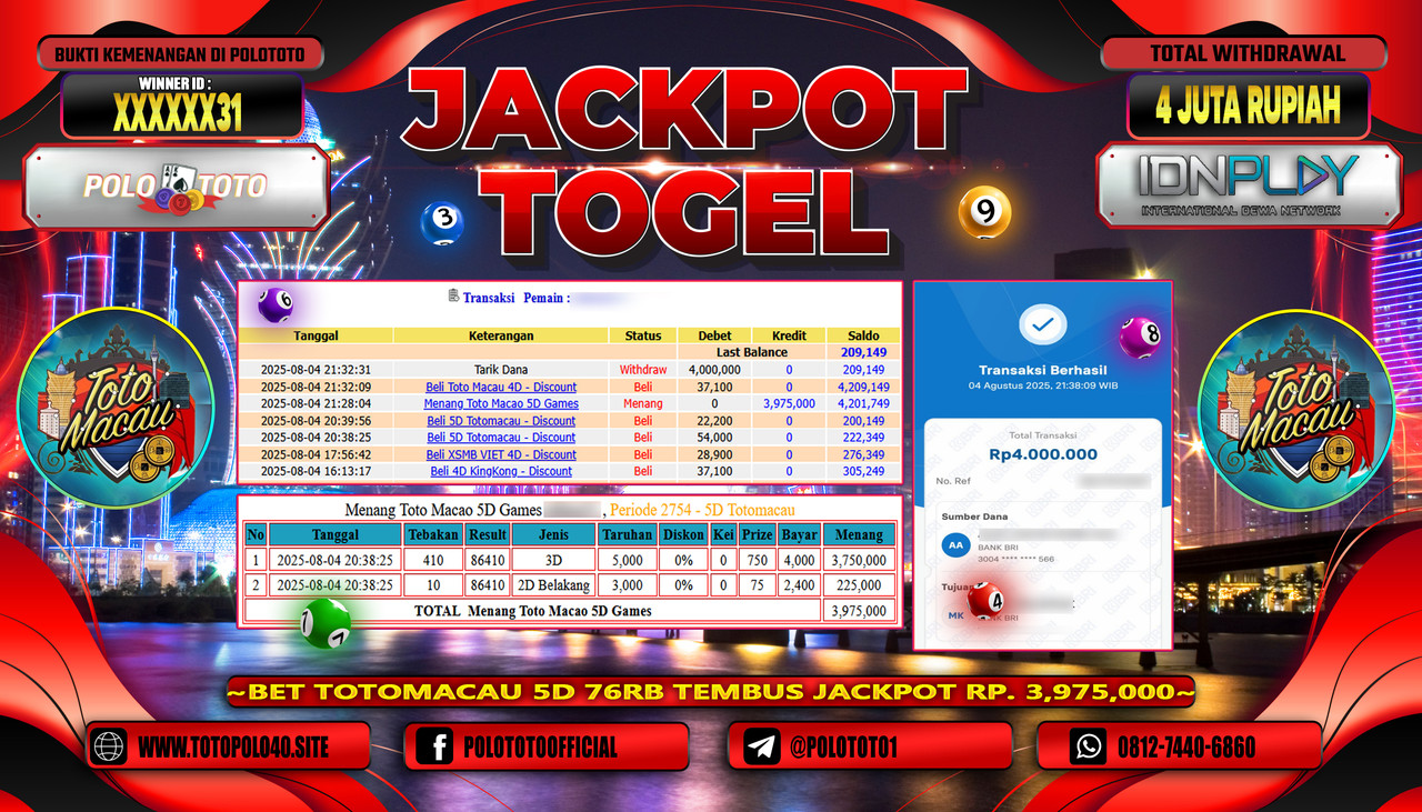 POLOTOTO JACKPOT TOGEL TOTO MACAU Rp.4.000.000,-LUNAS