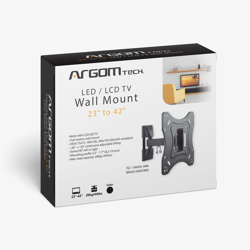 Empaque del soporte de pared Argom mostrando su capacidad de carga y compatibilidad VESA.