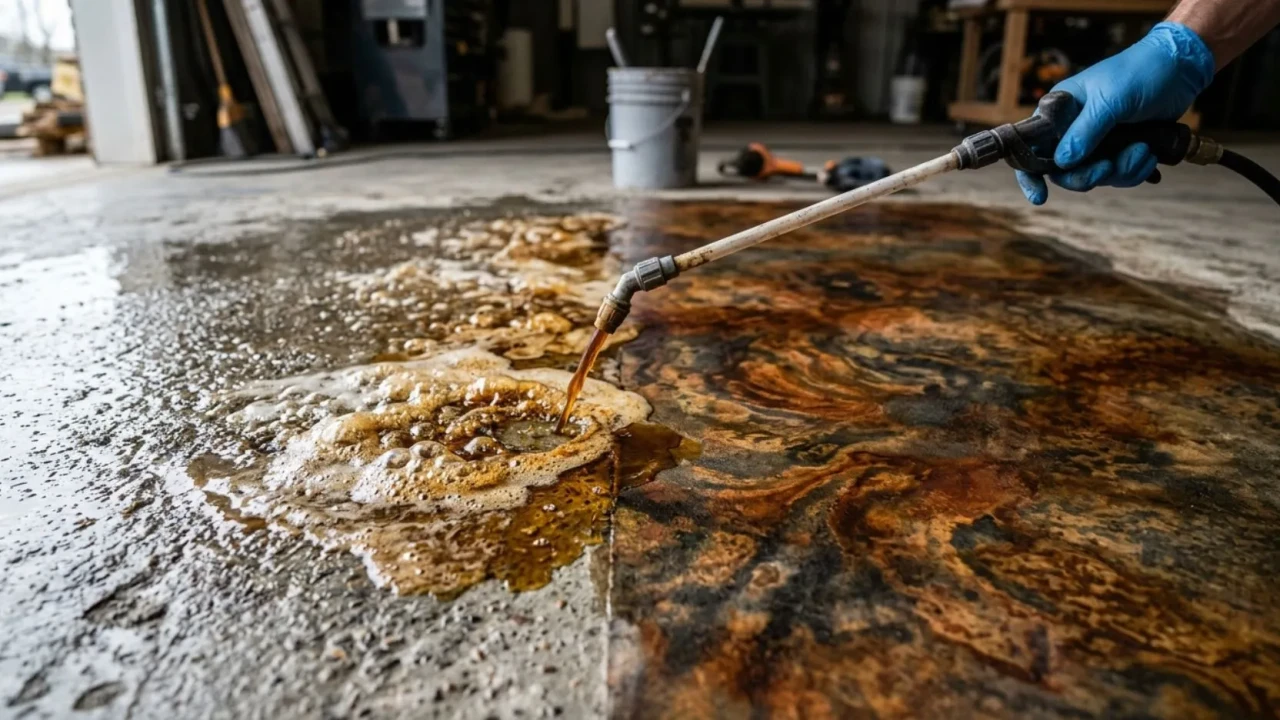 Acid stain reacting with concrete surface creating mottled color