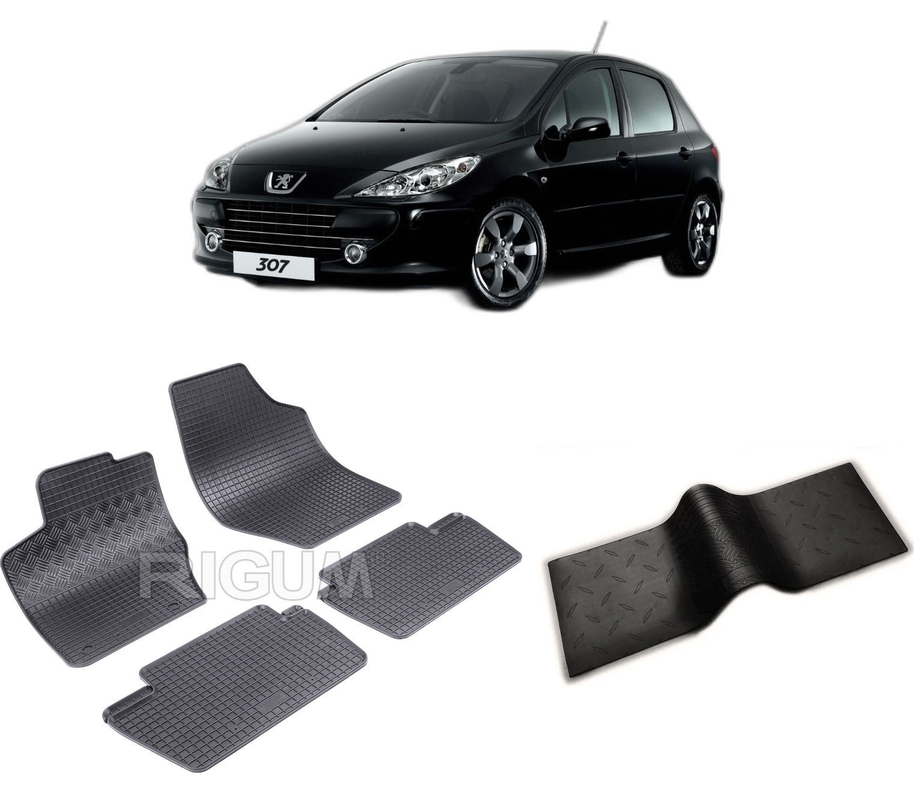 Set covorase auto PEUGEOT 307 FACELIFT din 2005-2012, cu covoras tunel median, CAROSERIE HATCHBACK, Presuri cauciuc 100%, compatibil cu autoturismul PEUGEOT 307 FACELIFT, Rigum