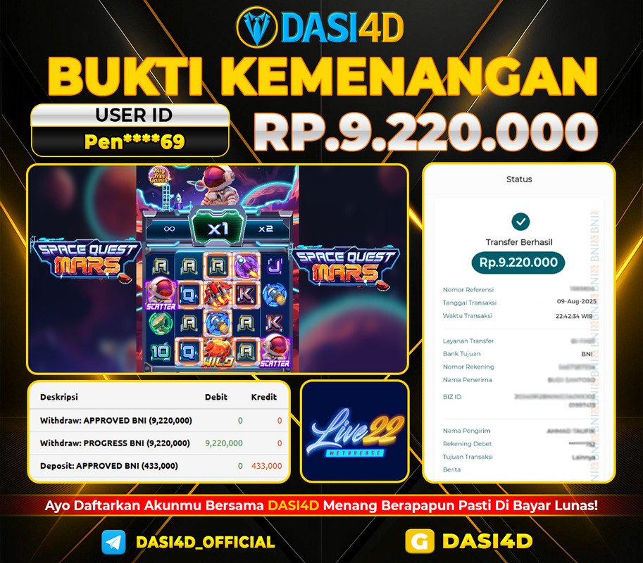 BUKTI KEMENANGAN 09 AGUSTUS 2025 DI SPACE QUEST MARS WD 9.220.000