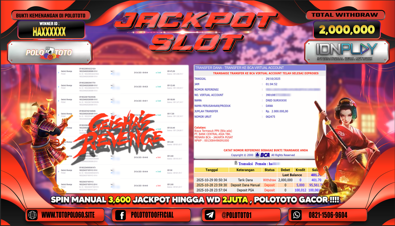 POLOTOTO JACKPOT SLOT GEISHAS REVENGE Rp.2.000.000,- LUNAS